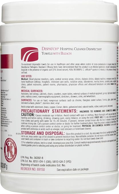 Dispatch Hospital Cleaner Disinfectant Towels with Bleach, 150 Count Canister (Package May Vary)