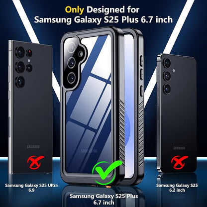 SPIDERCASE Upgraded for Samsung Galaxy S25 Plus Case Waterproof,Built-in Screen & Camera Lens Protector[IP68 Underwater] [Military Grade Shockproof] Full Body Protection Phone Case,Black/Clear