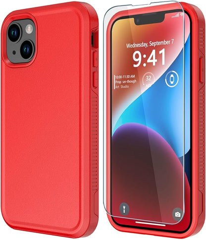 Diverbox for iPhone 14 Case [Shockproof] [Dropproof] [Tempered Glass Screen + Camera Lens Protector],Heavy Duty Protection Phone Case Cover for Apple iPhone 14 (Red-2in1)