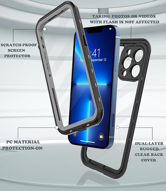 for iPhone 13 Pro Max Case Waterproof Shockproof Dustproof Full-Body Sturdy with Camera Lens Protector and Built-in Screen Protector,Underwater Cover Protective for iPhone 13 Pro Max Black