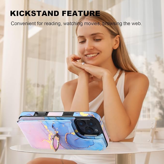 HAOPINSH for iPhone 16 Pro Max Wallet Case with Card Holder, 360°Rotation Ring Kickstand, Pink Blue Marble Pattern, RFID Blocking Leather for Girls Women, Double Buttons Protective Cover 6.9"