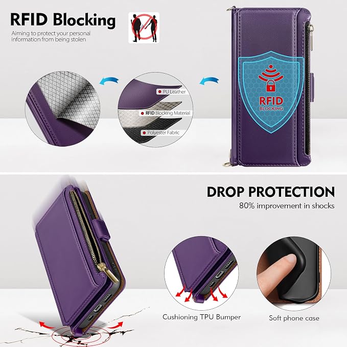 Antsturdy Compatible with iPhone 15 Wallet Case for Women【RFID Blocking】 Crossbody Phone Case PU Leather Zipper Wrist Strap Flip Protective Cover Credit Card Holder Slots,for Apple 15 6.1",Purple