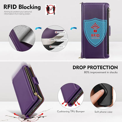 Antsturdy Compatible with iPhone 15 Wallet Case for Women【RFID Blocking】 Crossbody Phone Case PU Leather Zipper Wrist Strap Flip Protective Cover Credit Card Holder Slots,for Apple 15 6.1",Purple