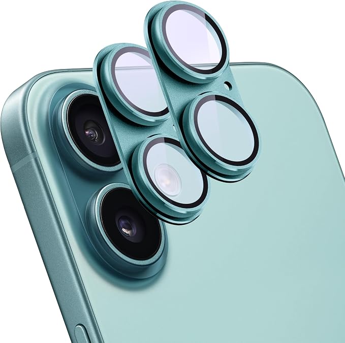 2 Pack Camera Lens Protector for iPhone 16/16 Plus,Metal AR Tempered Glass Rear Camera Screen Cover,Anti-Scratch,Strong Adsorption,Case Friendly, Easy to Install-Cyan