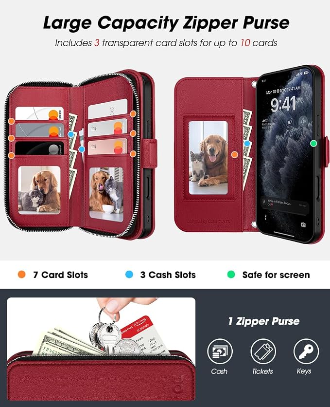 OCASE for iPhone 17 Pro Crossbody Wallet Case - Stylish PU Leather Handbag Phone Purse with Zipper Closure, Card Slots & RFID Blocking - Wrist Strap, Lanyard, Kickstand - Red