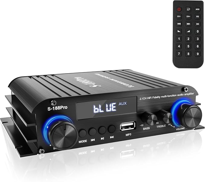2.1 Channel Stereo Audio Amplifier, 300Wx2+360W Home Audio Bluetooth 5.0 Stereo System with USB/AUX, Remote, Bass Treble & Sub Control, for Active/Passive Subwoofer & Speaker, 12V 5A Adapter