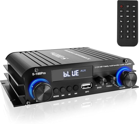 2.1 Channel Stereo Audio Amplifier, 300Wx2+360W Home Audio Bluetooth 5.0 Stereo System with USB/AUX, Remote, Bass Treble & Sub Control, for Active/Passive Subwoofer & Speaker, 12V 5A Adapter