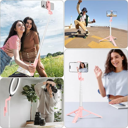Selfie Stick Travel Tripod for Cell Phone with Remote Control and Phone Holder, Extendable Selfie Stick for iPhone, iPhone Tripod for Video Recording, 50 Inch, Pink