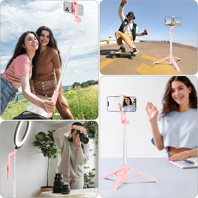 Selfie Stick Travel Tripod for Cell Phone with Remote Control and Phone Holder, Extendable Selfie Stick for iPhone, iPhone Tripod for Video Recording, 63 Inch, Pink