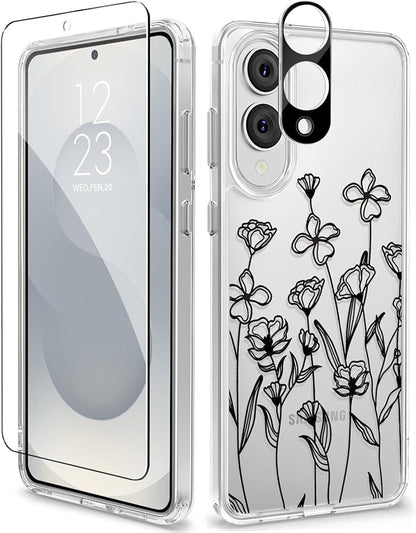 GVIEWIN for Samsung Galaxy S25 Edge Case, Clear Floral Shockproof Protective Women Phone Case, Non-Yellowing, Screen&Camera Lens Protector for Galaxy S25 Edge 6.7",Sketch/Black