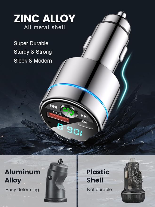 FM Transmitter for Car Bluetooth 5.3, [All-Metal] PD 30W & QC3.0 18W Fast Car Charger, Wireless FM Radio Kit Bluetooth Car Adapter, Noise Cancelling Hands-Free Call, Blue Light - Silver