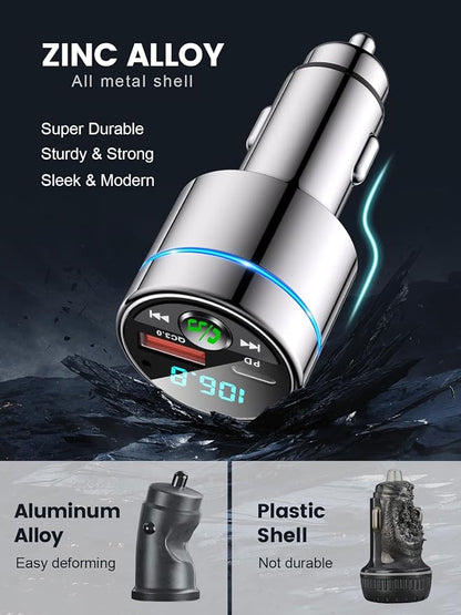 FM Transmitter for Car Bluetooth 5.3, [All-Metal] PD 30W & QC3.0 18W Fast Car Charger, Wireless FM Radio Kit Bluetooth Car Adapter, Noise Cancelling Hands-Free Call, Blue Light - Silver