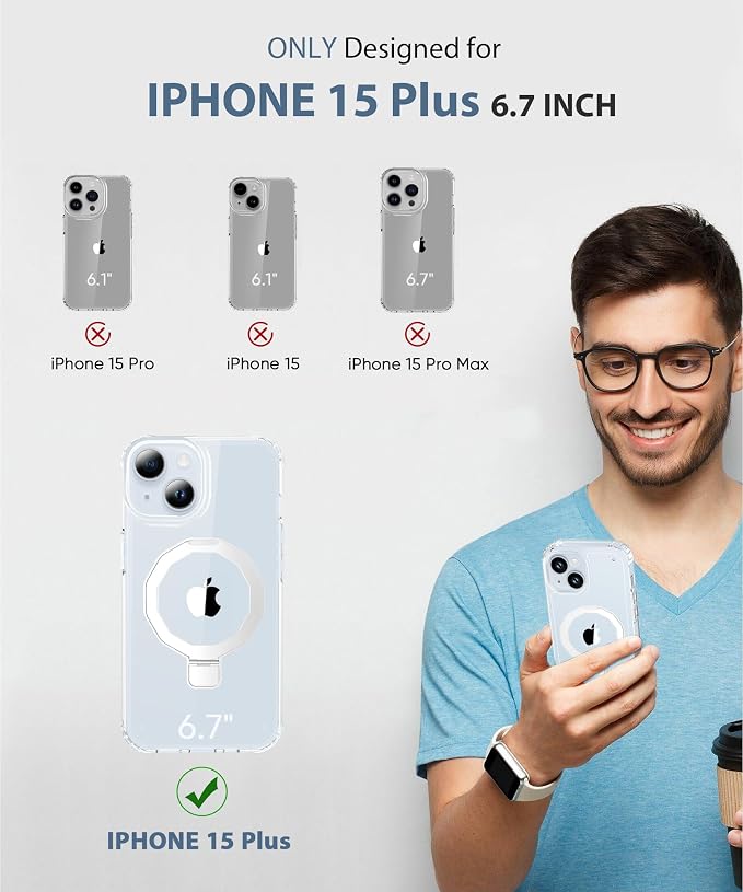 for iPhone 15 Plus Case, with Screen Protector + Camera Lens Protector, Built-in Seamless Stand, [Compatible with MagSafe] Protective Shockproof Phone Case, Cover for iPhone 15Plus - Clear