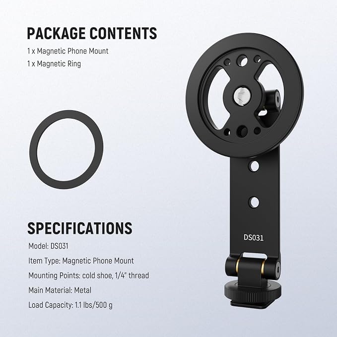 NEEWER Magnetic Phone Tripod Mount with Cold Shoe, Metal Portable Smartphone Holder Adapter for Tripod Camera Mounting Compatible with MagSafe iPhone Samsung Huawei Android for Video Recording, DS031