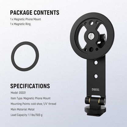 NEEWER Magnetic Phone Tripod Mount with Cold Shoe, Metal Portable Smartphone Holder Adapter for Tripod Camera Mounting Compatible with MagSafe iPhone Samsung Huawei Android for Video Recording, DS031
