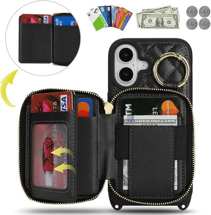 Crossbody Wallet Case for iPhone 17, PU Leather Zipper Handbag Purse Flip Cover, Kickstand Folio Case with Card Slots Holder Wrist Strap Lanyard 5G 6.3 Inch-Black