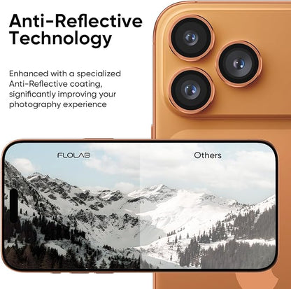 FLOLAB NanoArmour for iPhone 17 Pro Max/iPhone 17 Pro Camera Lens Protector, Anti-Reflective, Durable Tempered Glass with Aluminum Ring Ultra Clear TruColors, Easy Install - Orange