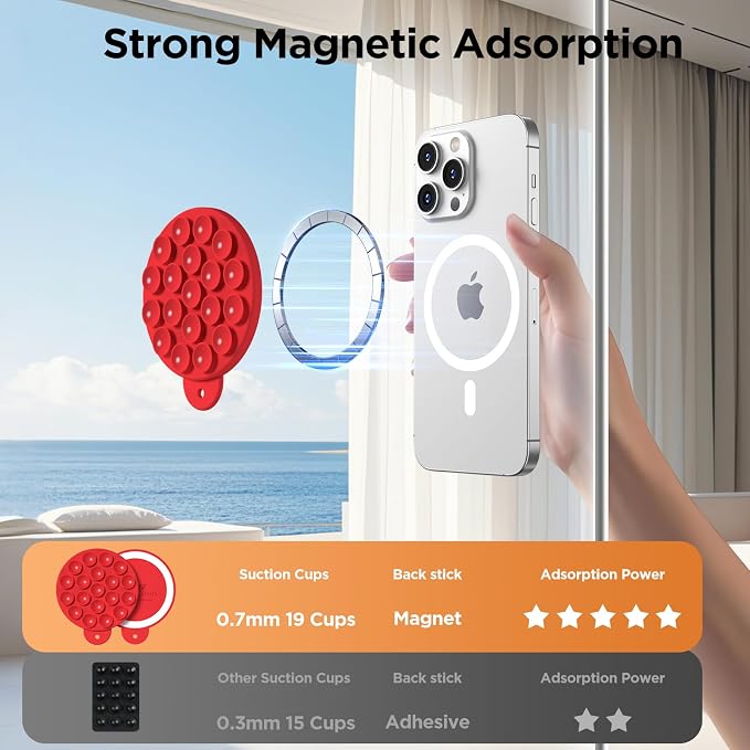 Magnetic Suction Cup Phone Mount, Compatible with MagSafe, Silicone Octo Cup Buddy Sticky Grip Holder for iPhone and Android, Removable Hands-Free Phone Stand Selfie/Video for TikTok, Red