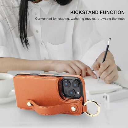 Folosu for iPhone 16 Pro Max Wallet Case with Card Holder, Hand Wrist Strap Loop Holder Kickstand, RFID Blocking Finger Grip Ring PU Leather Double Buttons Shockproof Cover 6.9" Brown