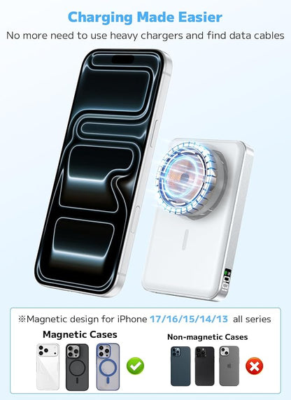 for Magsafe Portable Charger,10000mAh Power Bank with Type-C 20W PD Fast Charging, Lightweight and Slim, LED Display for Magsafe Battery Pack for iPhone 17/16/15/14 All Series, White