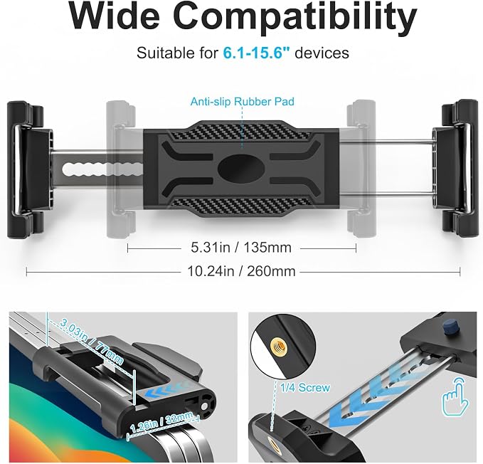 Car Seat Headrest Tablet Holder, [Mobile Folding Arm] Back Seat Tablet Mount for Road Trip, Fit Thickness Case (Deep Max 1.18'') for iPad Pro 12.9/ Air/Mini, Galaxy Tab, All 6.1-15.6" Devices