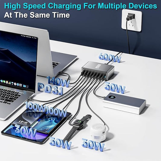 600W USB C Charger Block, Multi-port Fast USB Charging Station Dual PD 140W GaN Ⅲ Charging Station For Multiple Devices, Laptop Charger Adapter Compatible with MacBook, DELL, iPad, iPhone, Samsung etc
