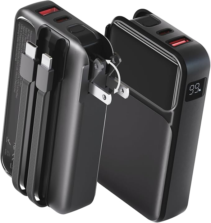 Portable Charger with Wall Plug, 20000mAh Power Bank 22.5W Fast Charging, Built-in Lightning & USB-C Cables, Plug in Portable Charger for Android Samsung iPhone, 4-in-1 Travel Charger