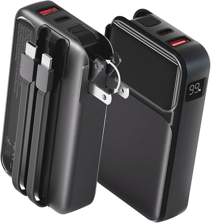 Portable Charger with Wall Plug, 20000mAh Power Bank 22.5W Fast Charging, Built-in Lightning & USB-C Cables, Plug in Portable Charger for Android Samsung iPhone, 4-in-1 Travel Charger