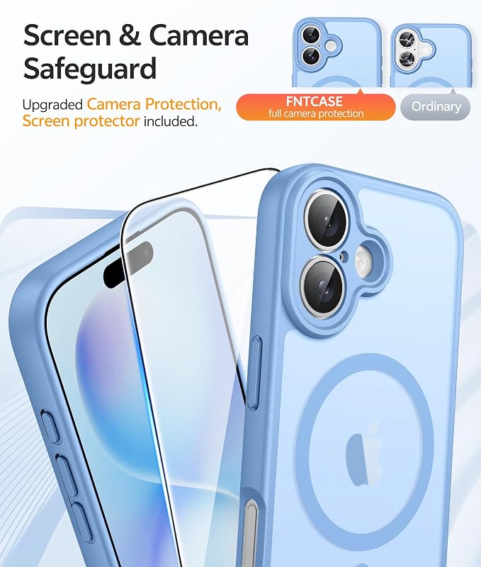 FNTCASE for iPhone 16 Plus Case [Compatible with Magsafe] Translucent Matte Cases with [Screen Protector] Military Grade Shockproof Protective Phone Cover - Light Blue