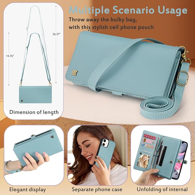 for Wallet Case Compatible with iPhone 11,Multi-Function Detachable 2 in 1 Magnetic iPhone 11 Case Wallet,Flip Strap Zipper Card Holder Phone Case with Shoulder Straps (Blue)