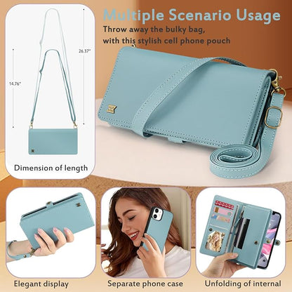 for Wallet Case Compatible with iPhone 11,Multi-Function Detachable 2 in 1 Magnetic iPhone 11 Case Wallet,Flip Strap Zipper Card Holder Phone Case with Shoulder Straps (Blue)
