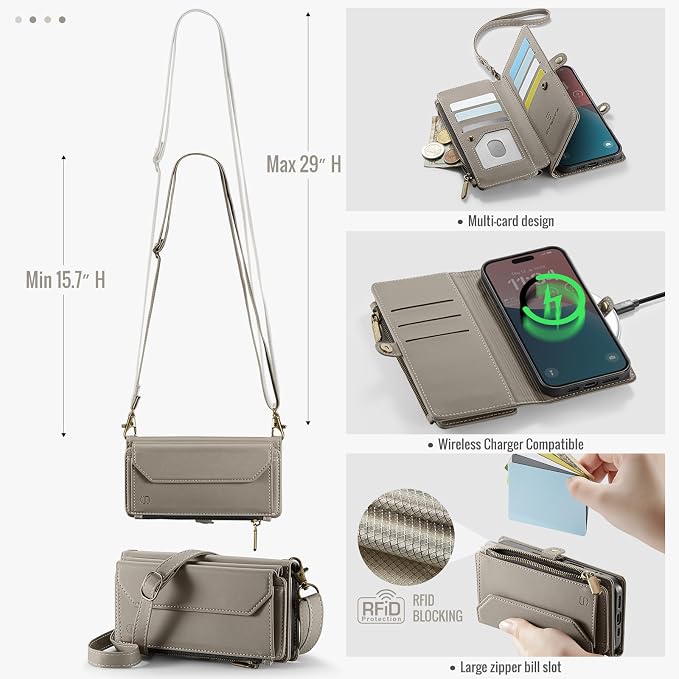 Strapurs Wallet Case Compatible with iPhone 16 Plus 6.7" RFID Blocking 10-Card Holder Soft PU Leather Magnetic Snap Shoulder Strap Zipper Pocket Phone Case Fit for iPhone 16 Plus - Grey