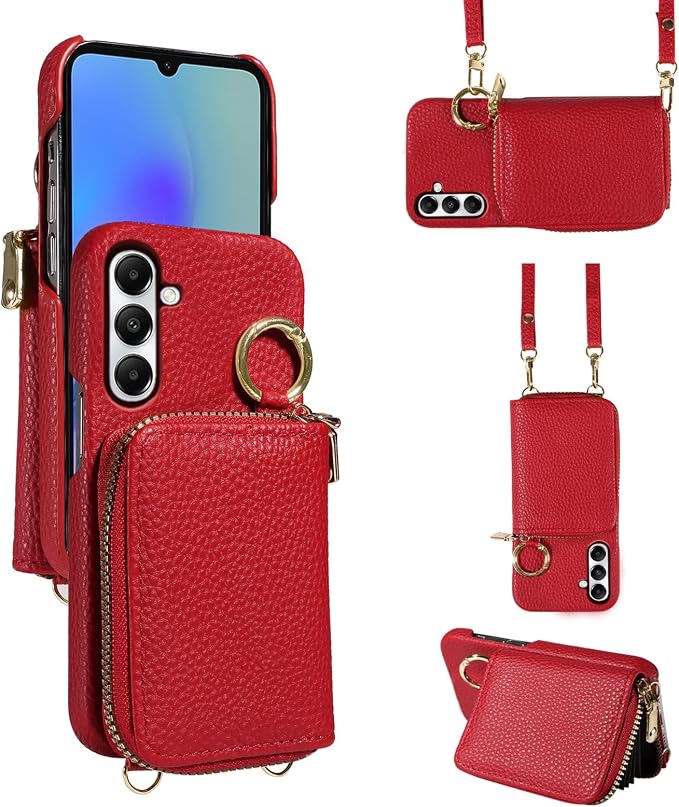 Wallet Case for Samsung Galaxy A35 5G with Shoulder Strap Ring Buckle, Luxury PU Leather Zipper Flip Organ Purse, Credit Card Holder Stand Cell Phone Cover for A 35 35A A355G Women Men Red