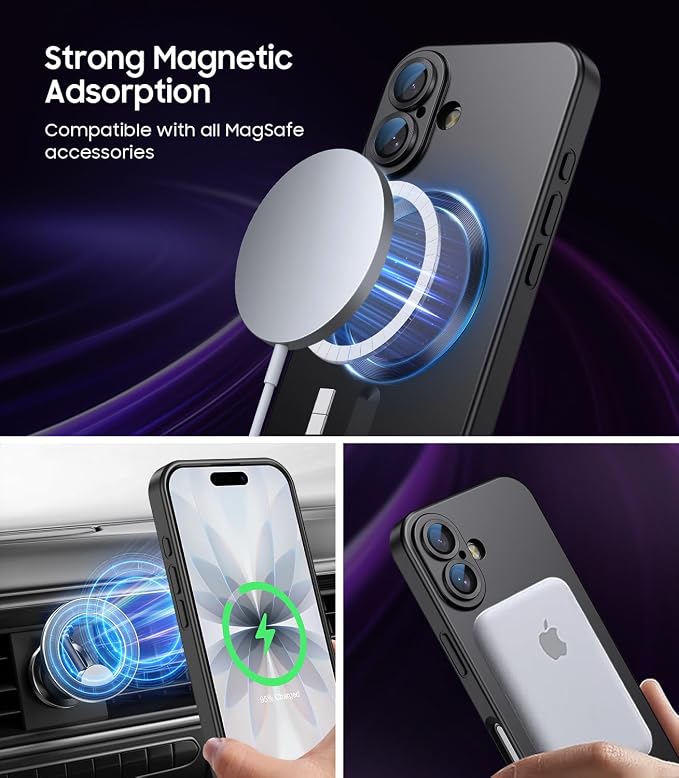 Magnetic for iPhone 17 Case [Compatible with MagSafe][Built-in Camera Lens Protector] Slim Thin Soft Silicone Bumper Shockproof Metallic Luster Phone Case (Black)