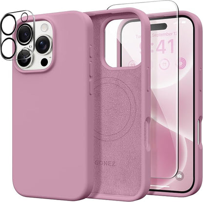 GONEZ Magnetic for iPhone 16 Pro Max Case, Compatible with MagSafe, Liquid Silicone Case, with Screen Protector + Camera Protector, Full Body Protective Shockproof Phone Cover 6.9", Blackcurrant