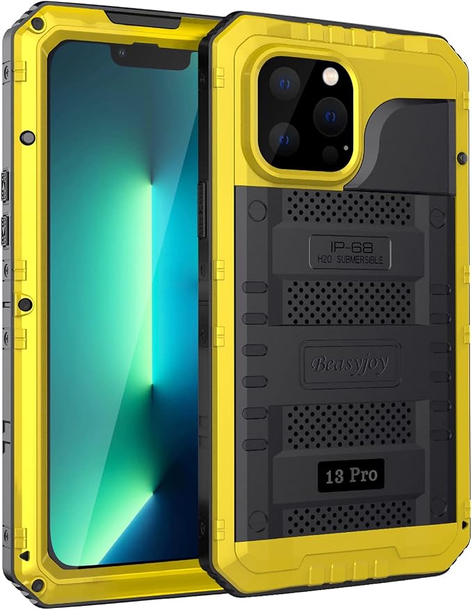 Beasyjoy Waterproof Case for iPhone 13 Pro, Full Body Protective Cover with Built-in Screen Protector, Heavy Duty Metal Rugged Shockproof Dustproof Defender Phone Case 6.1 Inch, Yellow
