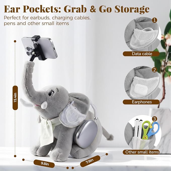 Phone Holder, Phone Mount with 360° Rotating Clip 45° Adjustable Trunk, Elephant Stuffed Animal with Ear Pockets Glasses Cloth Scarf & Back Headphone Fit, Cell Phone Holder for Desk Bed Sofa Car- Gray