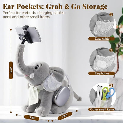 Phone Holder, Phone Mount with 360° Rotating Clip 45° Adjustable Trunk, Elephant Stuffed Animal with Ear Pockets Glasses Cloth Scarf & Back Headphone Fit, Cell Phone Holder for Desk Bed Sofa Car- Gray
