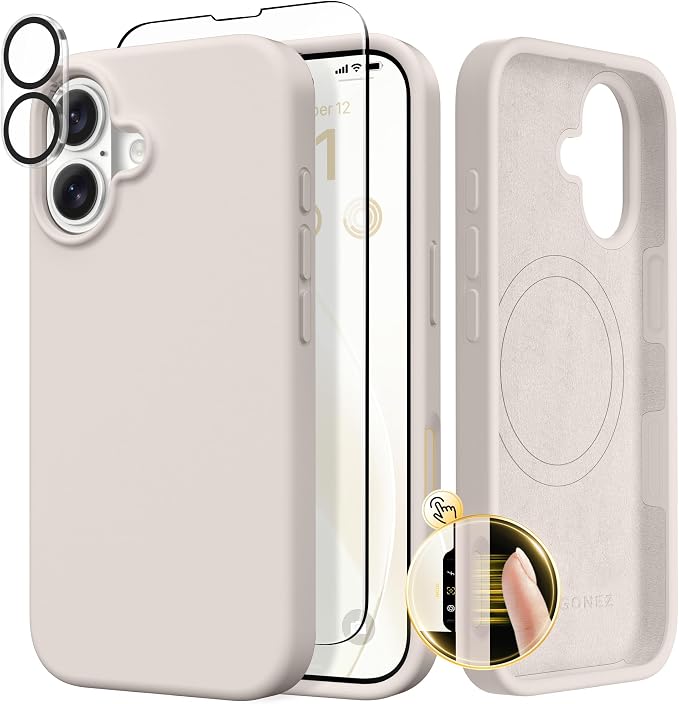 GONEZ Magnetic for iPhone 17 Case, Compatible with MagSafe, [Screen Protector + Camera Lens Protector], Liquid Silicone Anti-Scratch Shockproof Protective Phone Case 6.3 inch, Stone