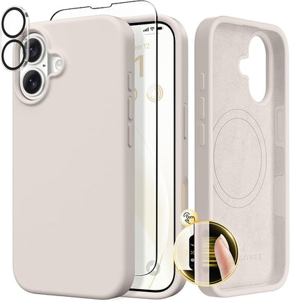 GONEZ Magnetic for iPhone 17 Case, Compatible with MagSafe, [Screen Protector + Camera Lens Protector], Liquid Silicone Anti-Scratch Shockproof Protective Phone Case 6.3 inch, Stone