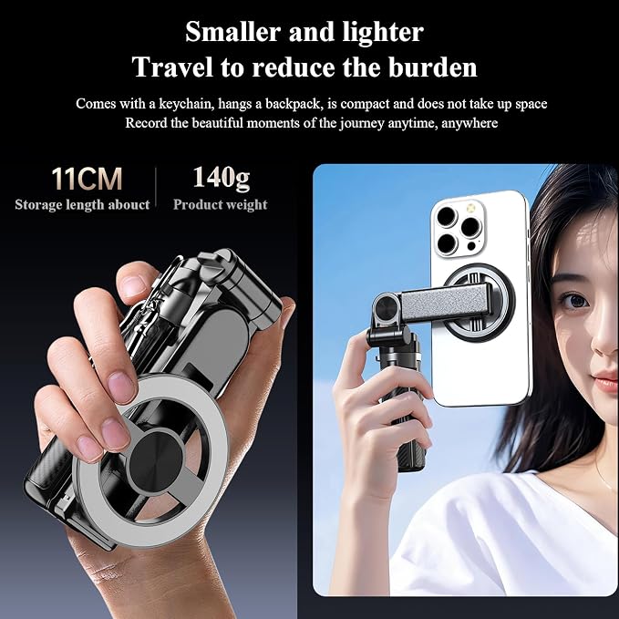 Magnetic Pocket Selfie Stick, 4-in-1 Magnetic Selfie Stick for iPhone with Rechargeable Remote, Portable Extendable Tripod Stand for Home, Travel, Vlogging & Video Recording (Black)