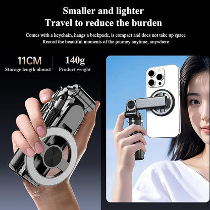 Magnetic Pocket Selfie Stick, 4-in-1 Magnetic Selfie Stick for iPhone with Rechargeable Remote, Portable Extendable Tripod Stand for Home, Travel, Vlogging & Video Recording (Black)