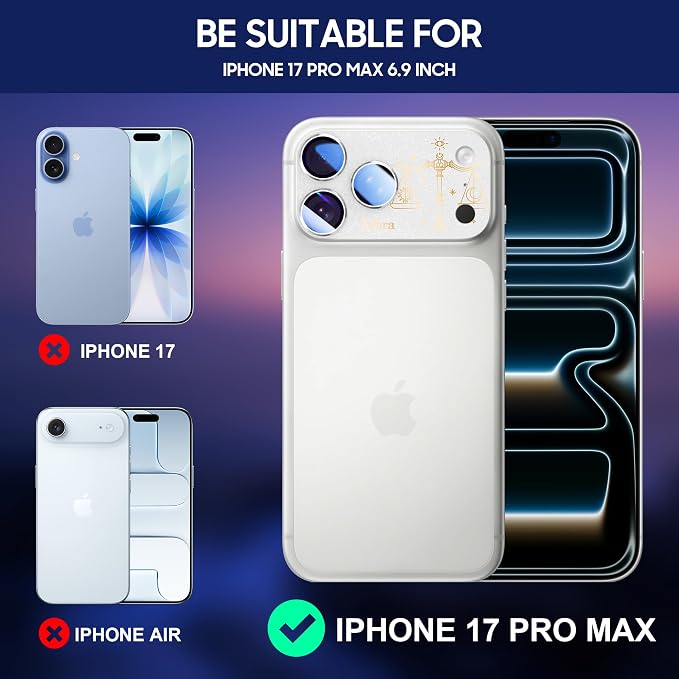 2 Pack Camera Lens Protector for iPhone 17 Pro Max,Libra Pattern, AR 360-Degree Protection,Drop Protection,Anti Scratch Full-Coverage,Camera Transmfttance HD,Easy Installation, Silver