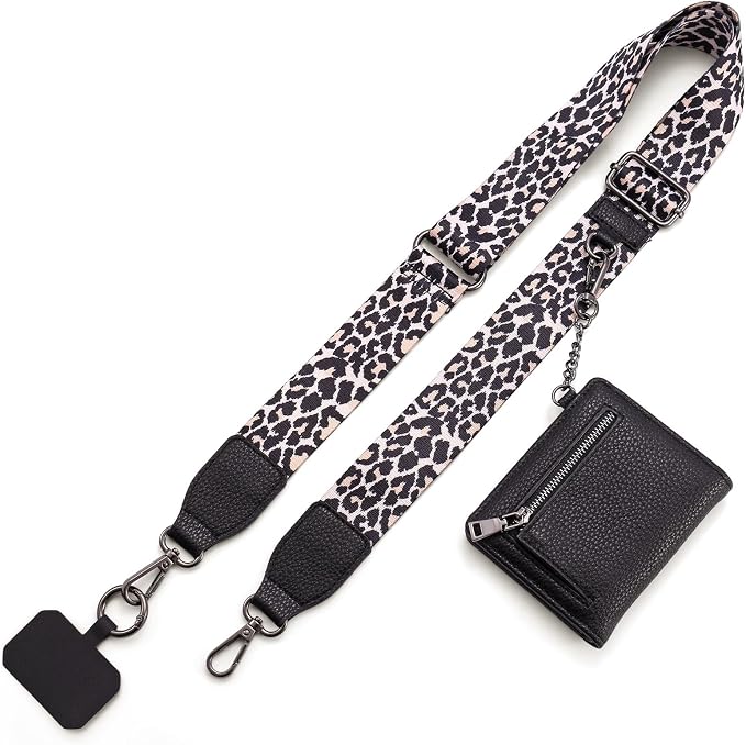 Diaclara Clip and Go Phone Strap with Zipper Pouch- Stylish Crossbody Adjustable Chain Lanyard with Leather Wallet for All Phones, Leopard Print