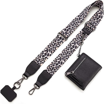 Diaclara Clip and Go Phone Strap with Zipper Pouch- Stylish Crossbody Adjustable Chain Lanyard with Leather Wallet for All Phones, Leopard Print