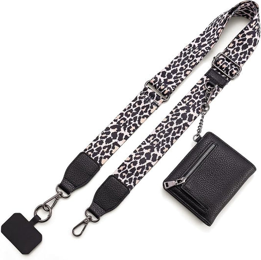 Diaclara Clip and Go Phone Strap with Zipper Pouch- Stylish Crossbody Adjustable Chain Lanyard with Leather Wallet for All Phones, Leopard Print