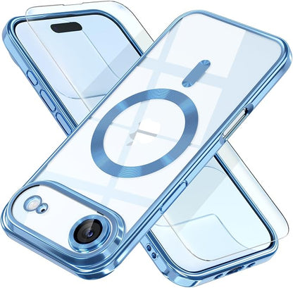 Misea Magnetic for iPhone 17 Air Case Compatible with MagSafe [Never Yellowing] [Military Grade Drop Protection] Full Camera Lens Protector Plating Soft Clear Phone Case for Women, Sky Blue