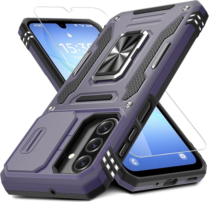 DEERLAMN Case for Samsung Galaxy A17 5G with Slide Camera Cover+Screen Protector (1 Pack), Rotated Ring Kickstand Military Grade Shockproof Protective Cover-Deep Purple