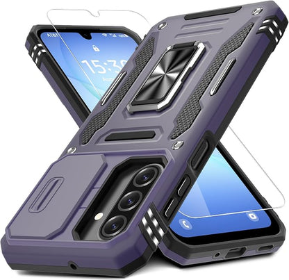 DEERLAMN Case for Samsung Galaxy A17 5G with Slide Camera Cover+Screen Protector (1 Pack), Rotated Ring Kickstand Military Grade Shockproof Protective Cover-Deep Purple