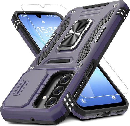 DEERLAMN Case for Samsung Galaxy A17 5G with Slide Camera Cover+Screen Protector (1 Pack), Rotated Ring Kickstand Military Grade Shockproof Protective Cover-Deep Purple